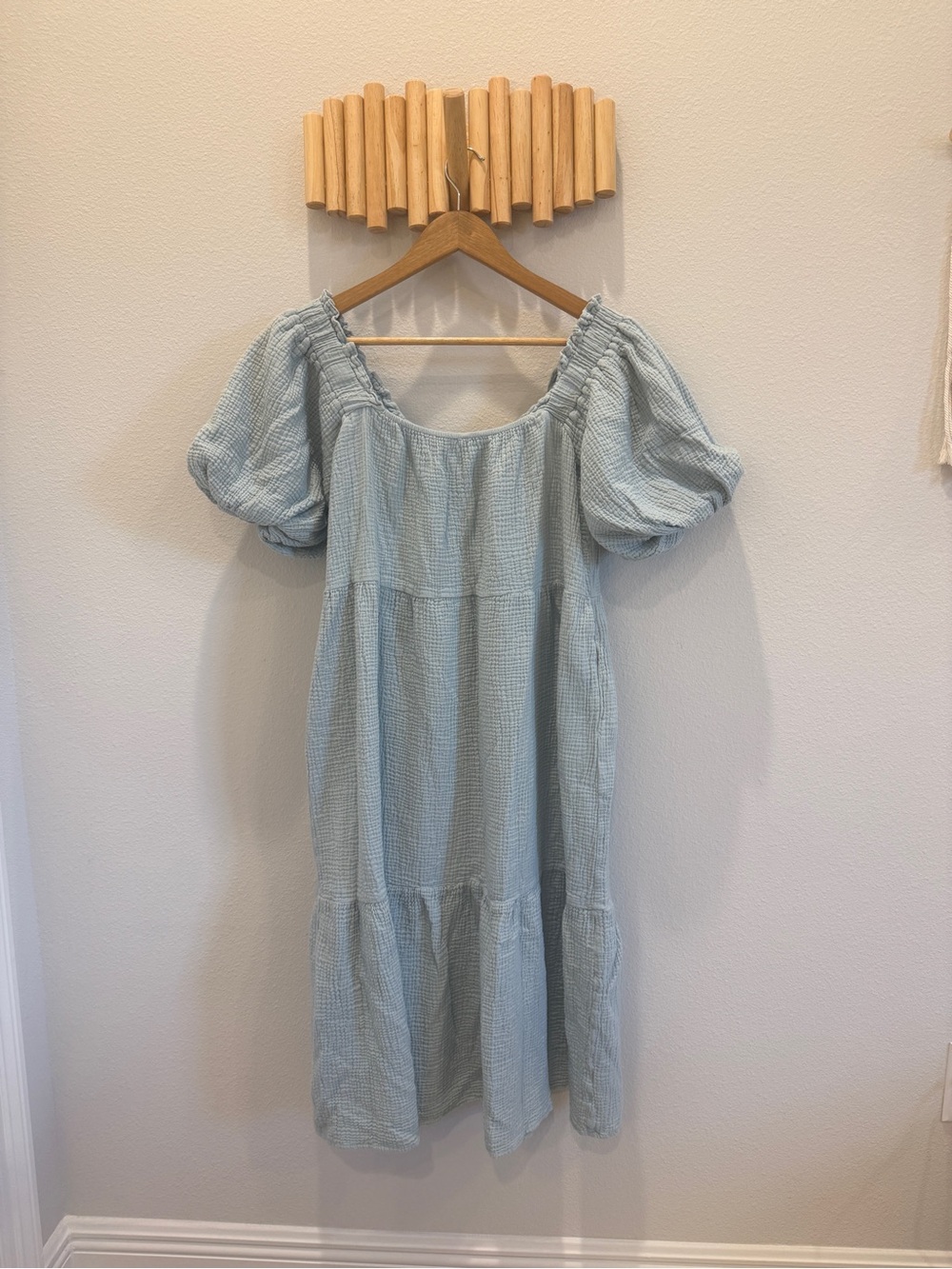 MABLE Pale Blue Puff Sleeve Cotton Gauze Midi Dress